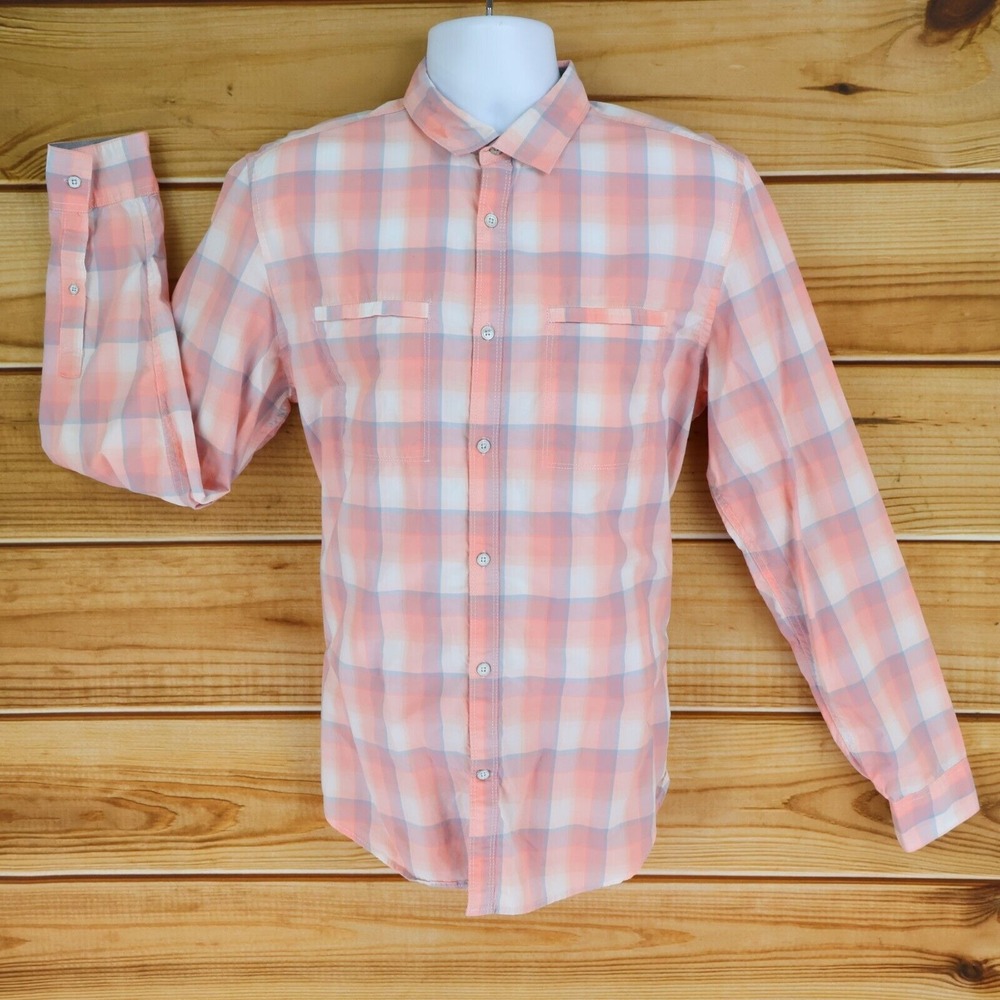 Calvin Klein Button Up Shirt‎ Collared Mens M Peach Pink Gray Plaid Long Sleeve